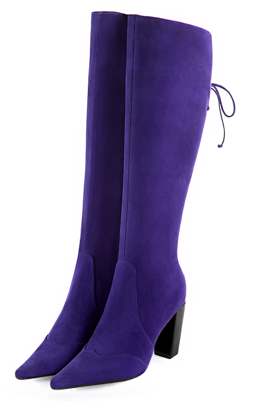 Violet purple women's knee-high boots, with laces at the back. Pointed toe. High block heels. Made to measure. Front view - Florence KOOIJMAN
